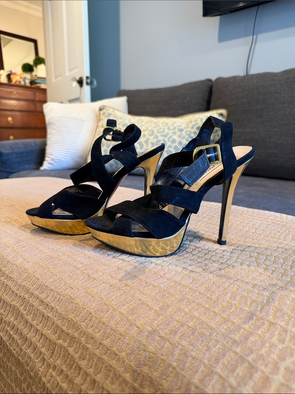 Steve Madden Black Suede Strappy High Heel Sandals with Gold Platform